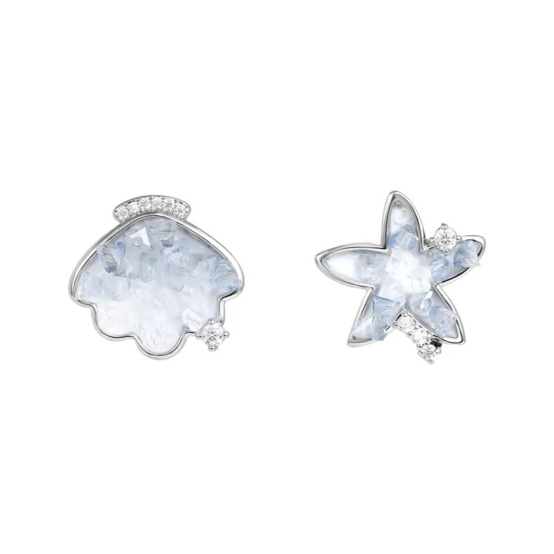 Ocean Whisper Clip-On Earrings ｜Shell & Star Duo in Frosted Crystal Blue