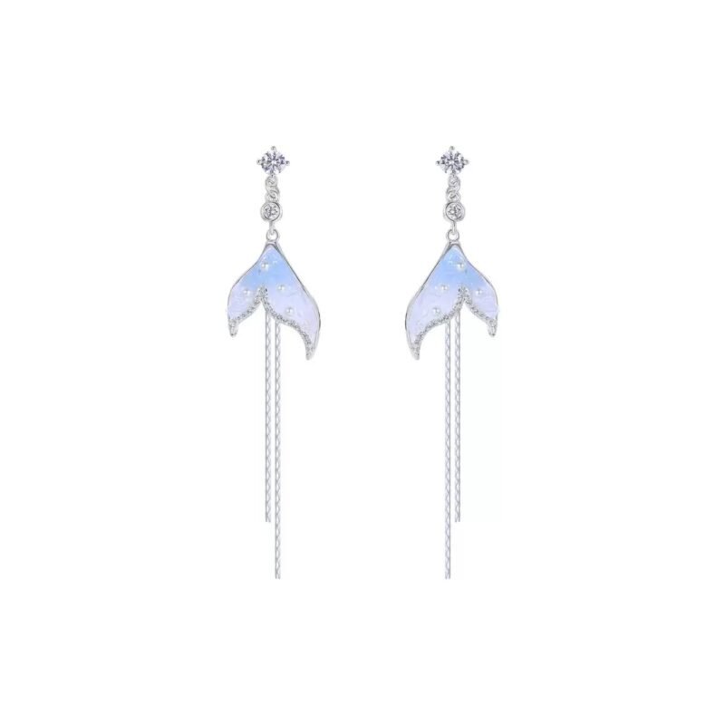 Moonfin Drop Clip-On Earrings ｜Crystal Mermaid Tail with Silver Chains