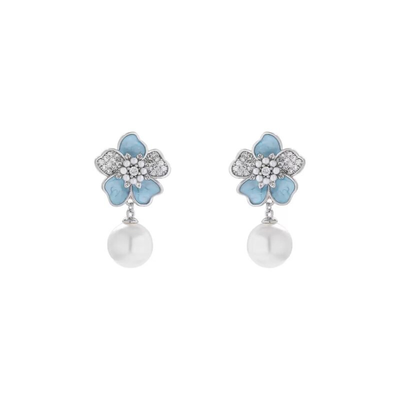 Bluebelle Drop Clip-On Earrings ｜Pearl Dangle with Glossy Petal Bloom