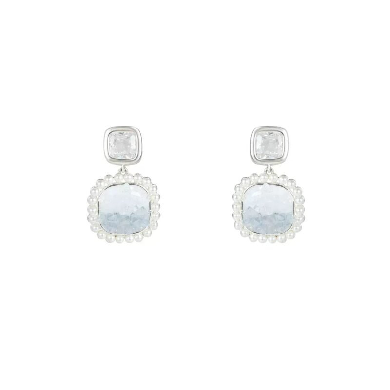 Frosted Halo Clip-On Earrings ｜Crystal Blue Drop with Pearl Border