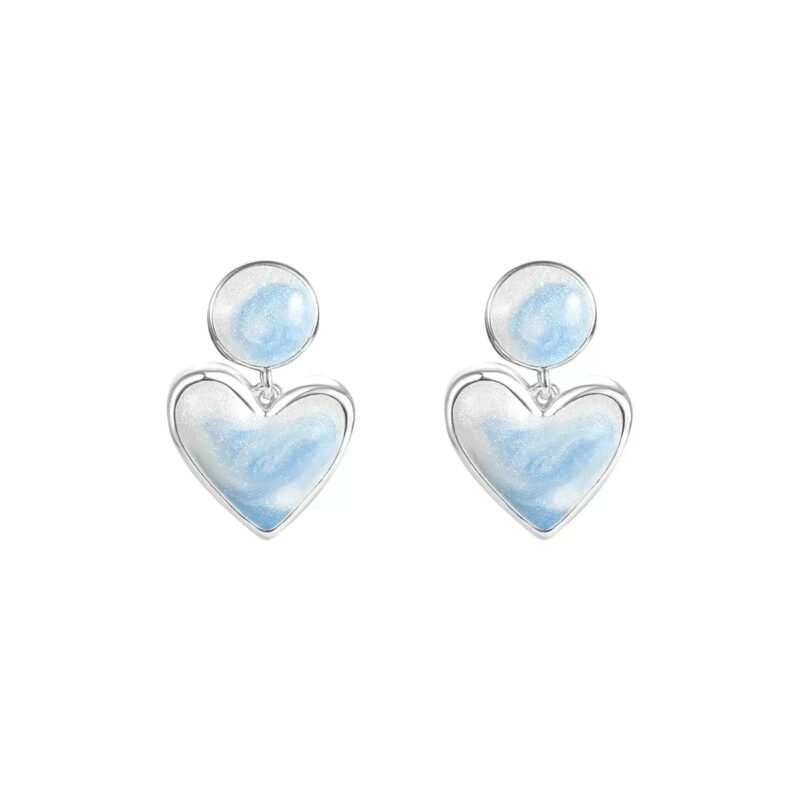 Cloud Kiss Clip-On Earrings ｜Glossy Blue Hearts with Iridescent Swirl