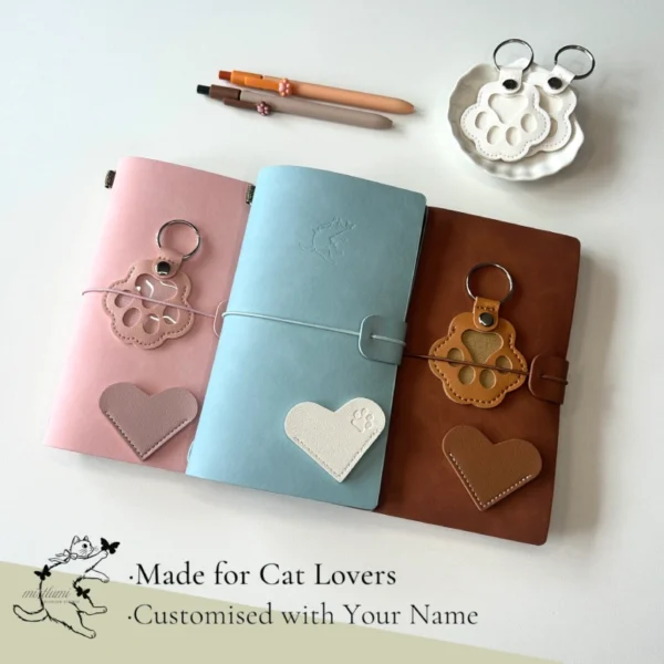 Personalised leather journal with kitty embossing, custom name gift for cat lovers